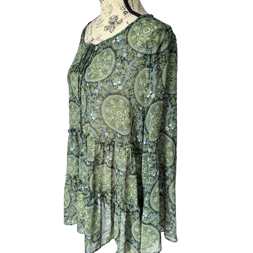 Loft Blouse Paisley Sheer XL‎ Green Boho Peasant Baby Doll Tiered Bell Sleeve - Picture 7 of 14
